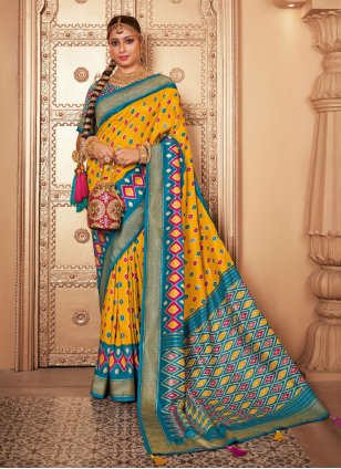 Blue and Yellow Patola Silk Patola Print Classic Sari