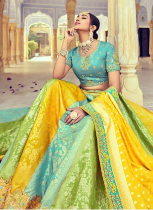 
                            Designer Blue and Yellow Silk Beads Lehenga Choli for Wedding
