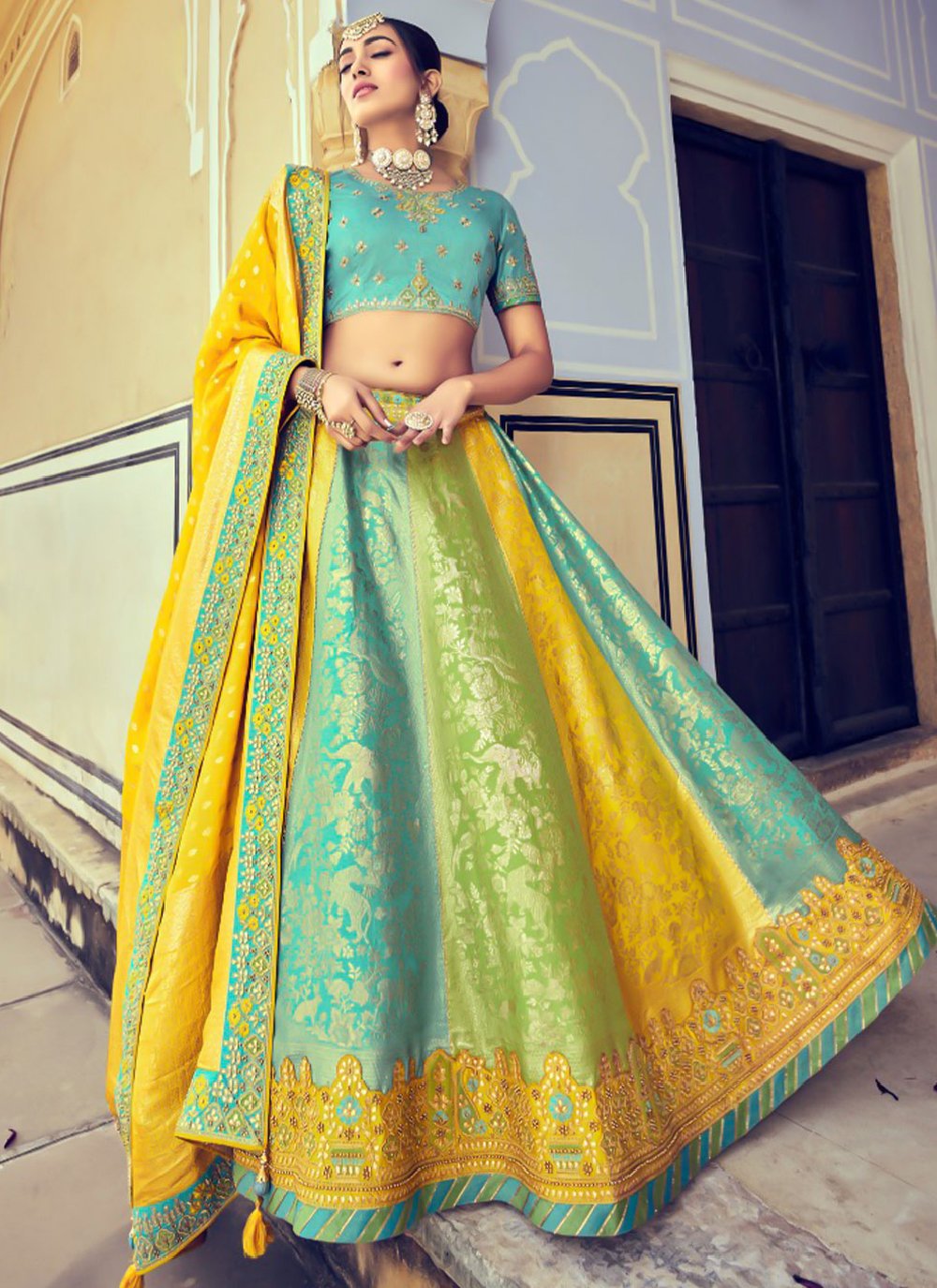 Designer Blue and Yellow Silk Beads Lehenga Choli for Wedding