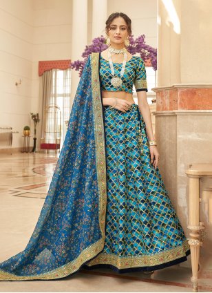 Designer Blue Art Silk Dori Embroidery Trendy Ghagra Choli for Wedding