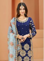 Blue Art Silk Embroidered Straight Salwar Suit