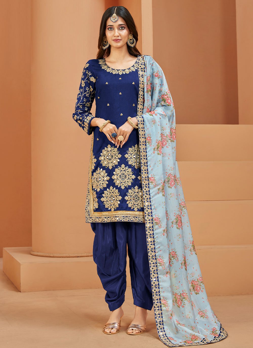 Blue Art Silk Embroidered Straight Salwar Suit
