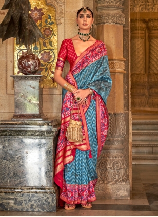 Buy ZILIKAA Firozi Blue Banarasi Uppada Silk Saree with Unstitched Blouse  online