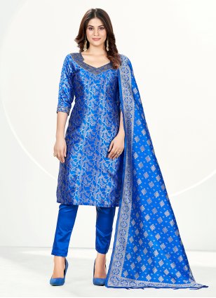 Blue Banarasi Silk Woven Pant Style Suit