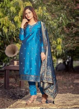 Blue Banarasi Silk Woven Salwar suit