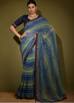 Blue Chiffon Casual Designer Sari