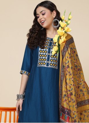 Blue Chinon Embroidered Palazzo Salwar Suit