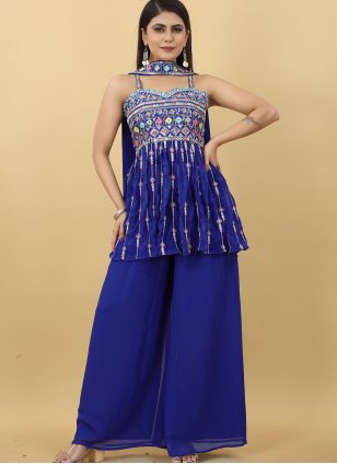 Blue color Embroidered Georgette Palazzo Salwar Suit