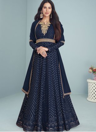 Blue color Georgette Gown with Embroidered work