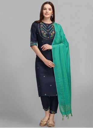 Blue Cotton  Embroidered Pant Style Suit