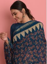 Blue Cotton  Embroidered Trendy Sari