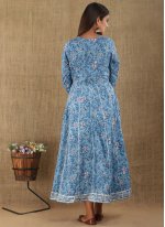 Blue Cotton  Printed  Trendy Gown