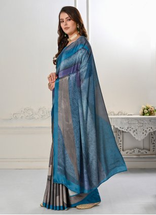 Blue Crepe Digital Print Classic Sari