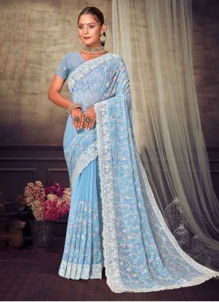 Blue Georgette Embroidered Classic Saree