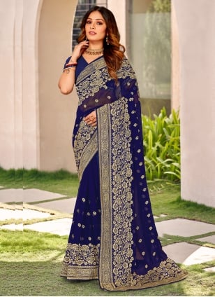 Blue Georgette Embroidered Contemporary Saree