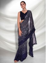 Blue Georgette Embroidered Designer Sari