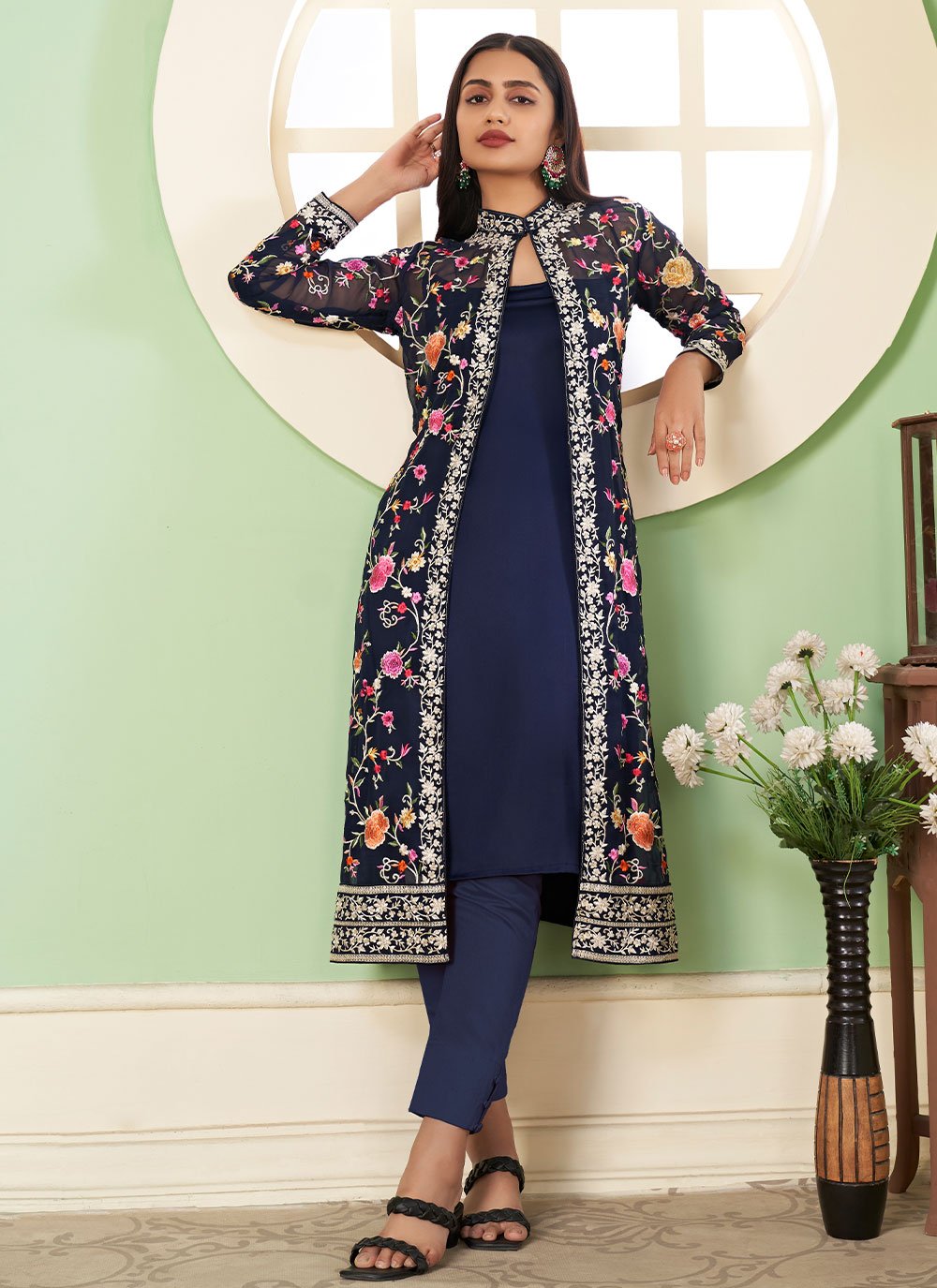 Blue Georgette Embroidered Jacket Style Salwar Kameez