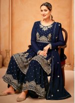 Blue Georgette Embroidered Sharara Salwar Suits