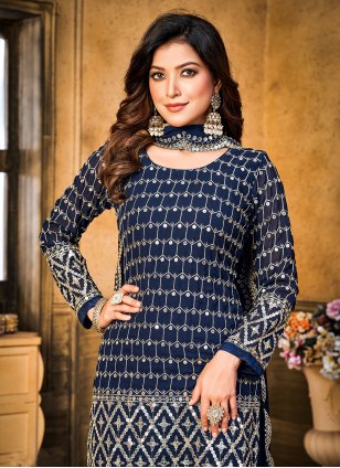 Blue Georgette Embroidered Trendy Salwar Kameez
