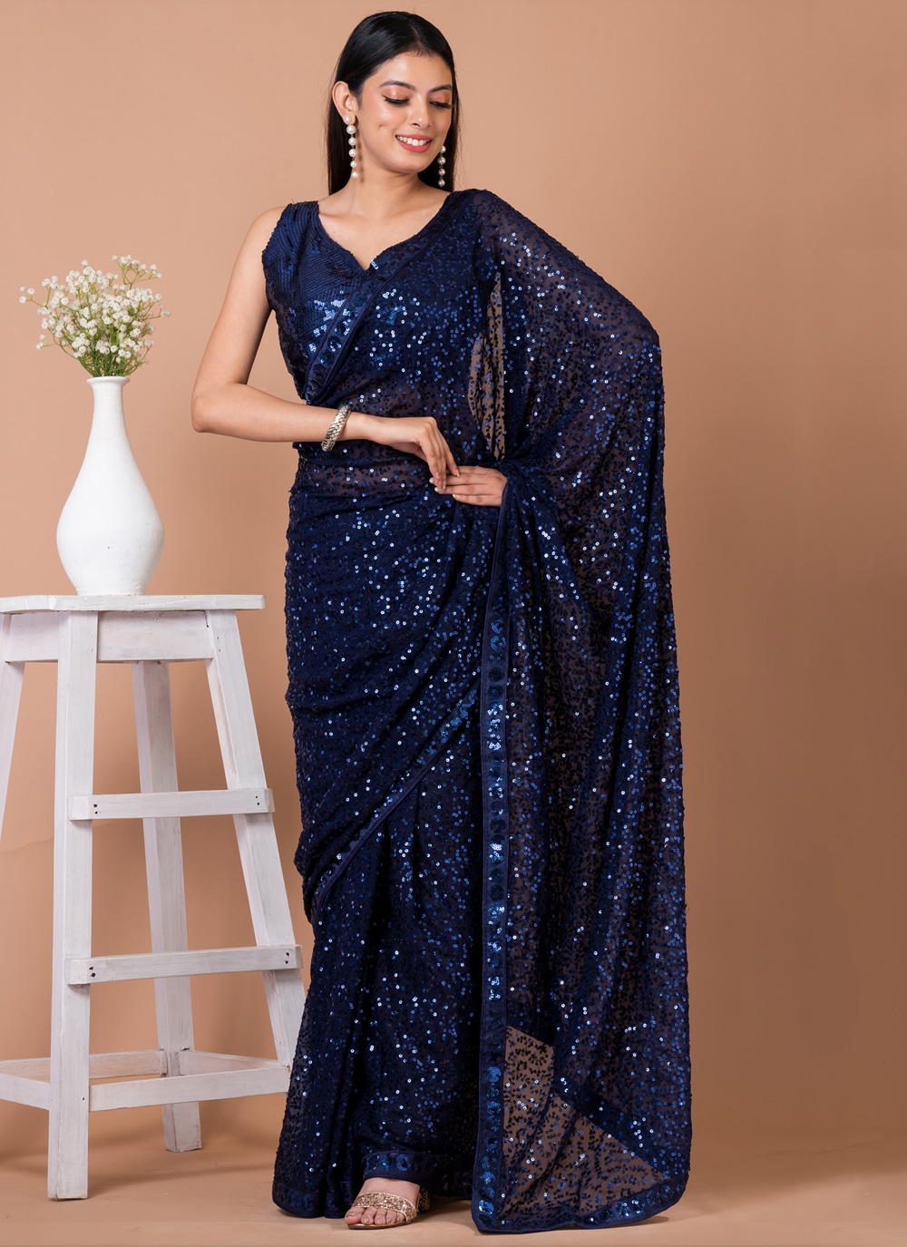 Charcoal Colour Heavy Sequin Saree Online | Sequence Saree Design