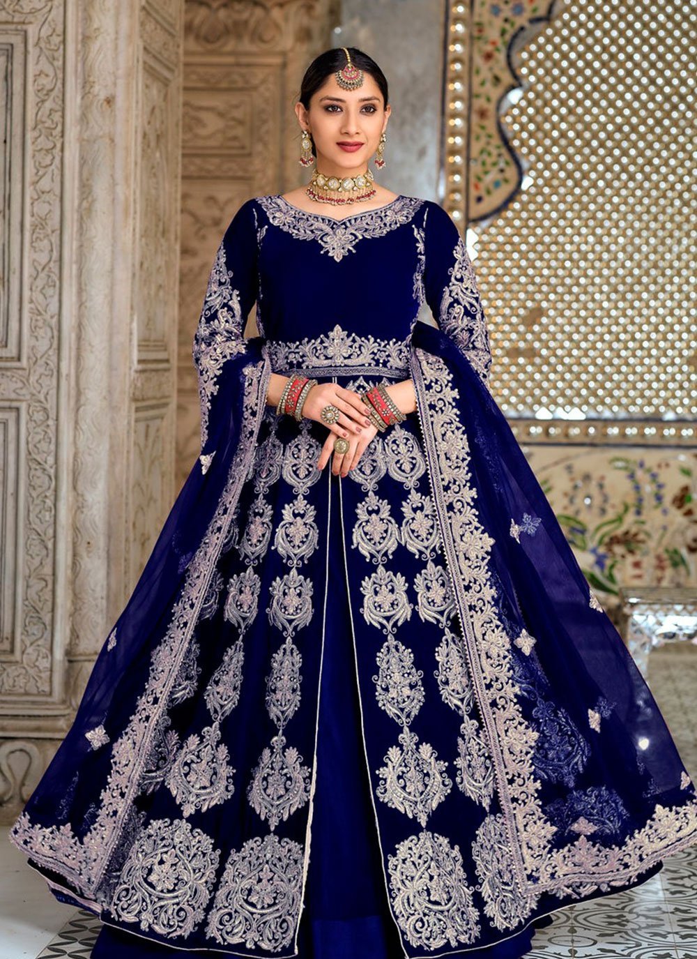 Navy Blue Colour Latest Heavy Designer Wedding Wear Art Silk Embroidery Work  Gown And Four Side Heavy Border Net Dupatta Collection 303