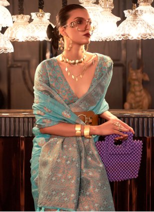Blue Linen Weaving Trendy Saree