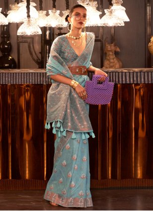 Blue Linen Weaving Trendy Saree