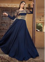 Blue Muslin Embroidered Trendy Gown