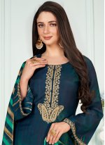 Blue Muslin Embroidered Trendy Salwar Kameez