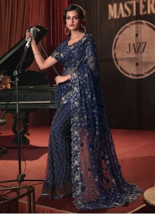 Blue Net Embroidered Contemporary Sari