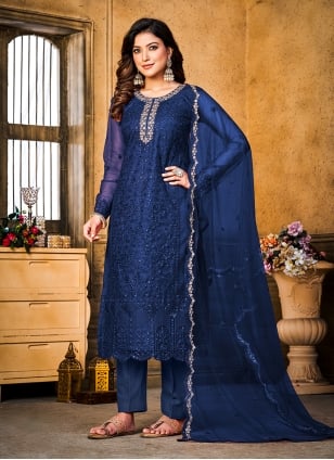 Shop Dusty Tel Blue Net Embroidered N Sequins Straight Pant Suit Party Wear  Online at Best Price