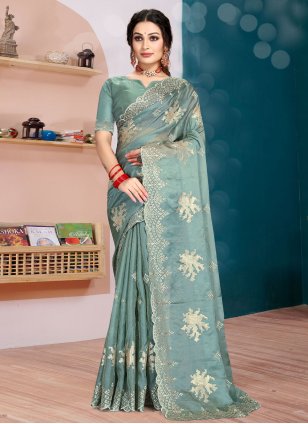 Blue Organza Diamond Designer Sari