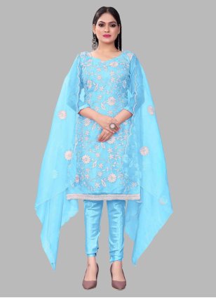 Blue Organza Embroidered Straight Salwar Suit