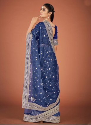 Blue Organza Embroidered Trendy Sari