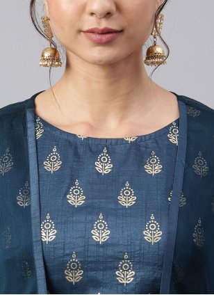 Blue Poly Silk Foil Print Readymade Salwar Suits