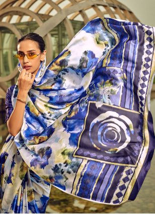 Blue Satin Digital Print Classic Sari
