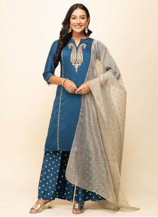 Blue Silk Blend Embroidered Salwar suit