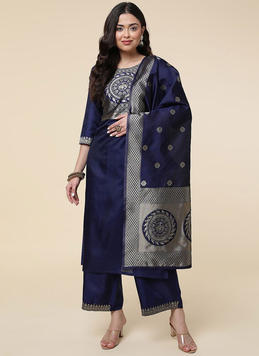 Buy Blue Silk Dangler Readymade Salwar Kameez Online : UAE