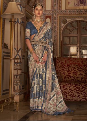 Blue Silk Digital Print Designer Sari