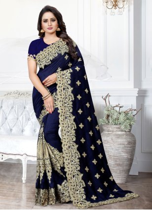 Blue Silk Embroidered Designer Sari