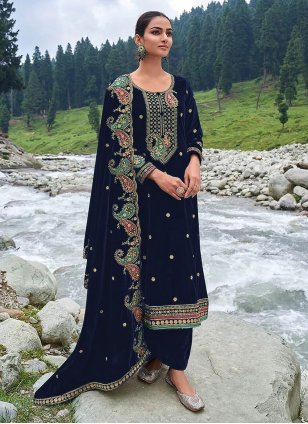 Blue Velvet Embroidered Palazzo Salwar Suit