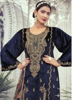 Blue Velvet Embroidered Salwar suit