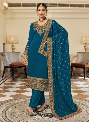 Blue Vichitra Silk Embroidered Pakistani Salwar Suit