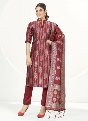 Brown Banarasi Silk Woven Straight Salwar Suit