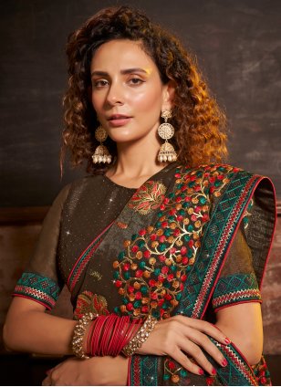 Brown Chinon Embroidered Classic Sari
