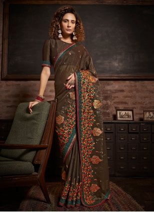Brown Chinon Embroidered Classic Sari