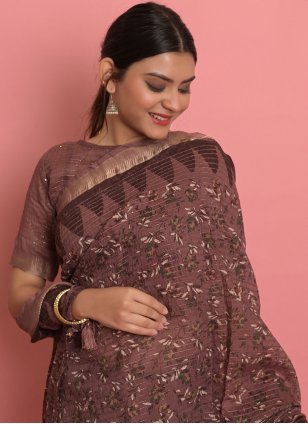 Brown Cotton  Embroidered Casual Saree