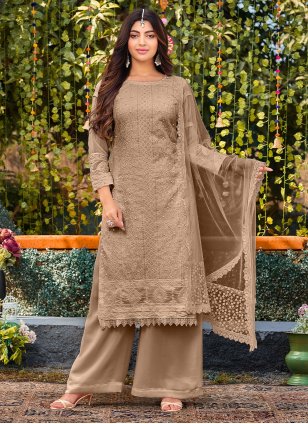 Brown Cotton  Embroidered Palazzo Salwar Suit