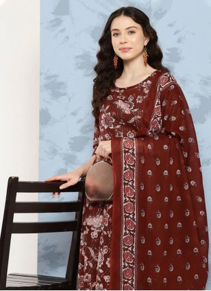 Brown Cotton  Printed Pant Style Suit
