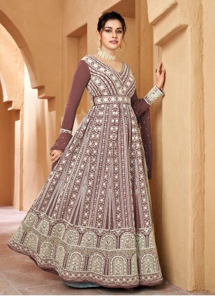 Brown Georgette Embroidered Trendy Gown